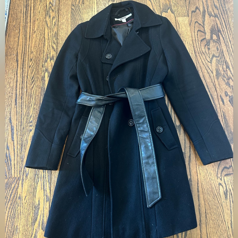 Black peacoat, size 2, leather waist belt